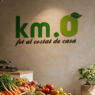 Corner Km.0 amb el logotip a la paret i fruita i verdura